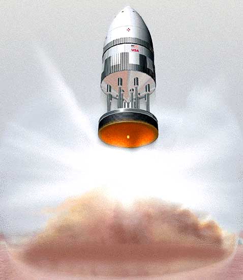 Кое-кто рассчитывал, что миниатюрный вариант "Ориона" смог бы взлетать прямо с Земли, но это было уже чистым безумием (иллюстрация с сайта sputnik1.com).