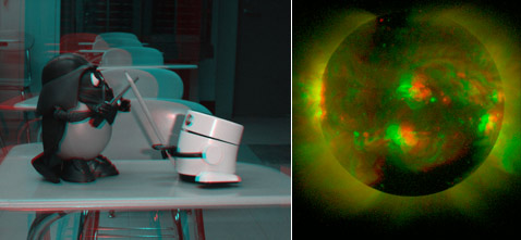 Некоторые стереоснимки, сделанные с помощью аппаратуры для обсерваторий А и B во время летнего тестирования приборов. Слева — снимок в помещении школьного класса; справа, как вы уже догадались, — снимок Солнца с Земли (фото с сайта stereo.gsfc.nasa.gov).