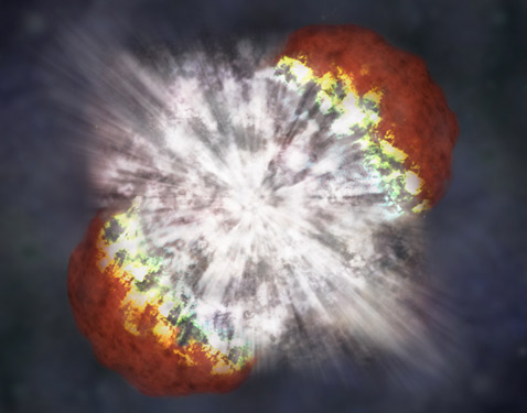 Так в общих чертах выглядит структура SN 2006gy. При взрыве поверхностные слои холодного газа (показан тёмно-красным) были "разорваны" на два полушария. При этом сформировался ударный фронт (расцвечен жёлто-зелёными тонами), который отбросил их в противоположные стороны (иллюстрация NASA/CXC/M.Weiss).