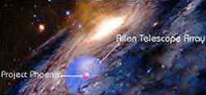 Сравнение размеров Галактики, зоны поиска проекта Phoenix (красный цвет) и проекта Allen Telescope (синий цвет) (иллюстрация с сайта seti.org).