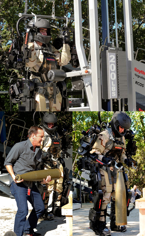 Вверху: Джеймсон поднимает 91 килограмм. Внизу: Кларк Грегг отрывает от земли снаряд с приличным трудом, а Рекс, облачённый в XOS 2, справляется с той же нагрузкой шутя (фотографии Raytheon).